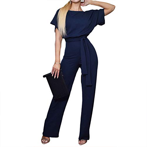 TSWRK Women's Wide Leg Jumpsuits High Waisted Drawstring Belt Short Sleeve Crewneck Long Pants Romper