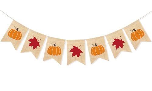 FAKTEEN Burlap Pumpkin Maple Leaves Banner Fall Thanksgiving Hanging Bunting