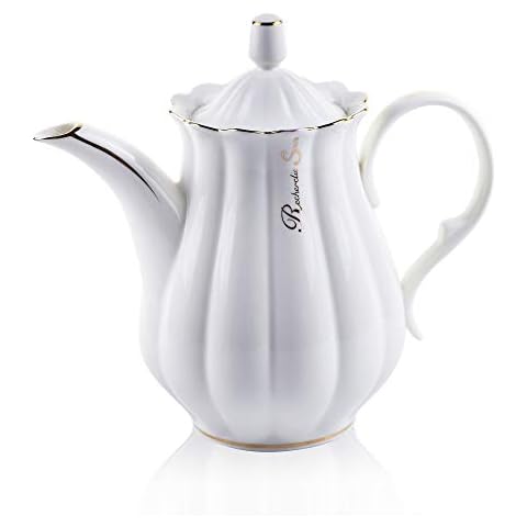 ufengke 51oz Porzellan Kaffeekanne Weiße,Gekräuselt mit Goldener Seite Keramik Teekanne Cover