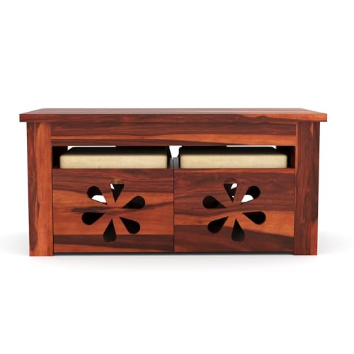 Image of Sheesham Wooden Coffee Center Table with 2 Stool Seating for Home Furniture | Solid Wood Center Table for Living Room, Hallway and Office Furniture Table | Flower- in Honey Finish