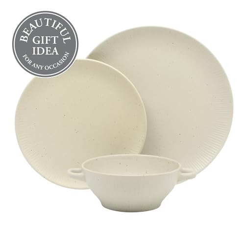 Image of Gibson Elite Clover Hill 12-Piece Stoneware Dinnerware Set - White Cream Embossed Plates and Bowls with Matte Speckled Reactive Glaze, Service for 4 - Microwave & Dishwasher Safe