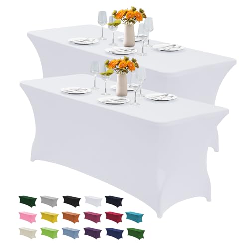 Image of CWK 6FT 2Pcs Stretch Spandex Table Cover for Rectangular Tables - Elastic Fitted Tablecloth for Folding Tables, Wrinkle Resistant, Durable Table Protector for Parties,Weddings,Banquets &Events (White)