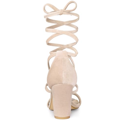 Allegra K Allegra K Women's Faux Velvet Lace Up Chunky Beige Heel Strappy Sandals 6.5 M US