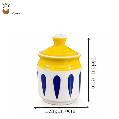 Image of Niyara Ceramic Pickle Jar Set with Metal Tray - Blue & White Pickle Containers with Lid for Kitchen, Dining Table, Spice Storage & Serving (Set of 4, 300 ml)