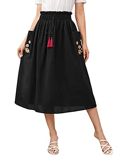 SweatyRocks Women's Casual Paper Bag Waist A Line Pleated Midi Skirt with Pockets