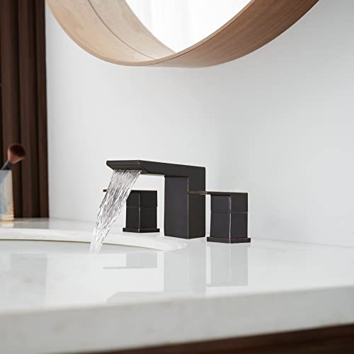 Besy Bathroom Faucet 3 Holes Two Handles Lavatory Vanity Sink Faucet Widespread 8 Inch Bathroom Sink Faucet, Waterfall Bathroom Sink Faucet With Supply Hoses, Mixer Taps,Oil Rubbed Bronze #TOP3