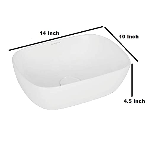Image of Wash Basin Table Top Over Counter Vessel Sink Glossy Finish White Sink for Bathroom (14 x 10 x 4.5 Inch)