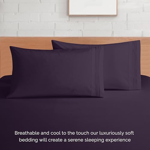 Elegant Comfort Luxury 1500 Premium Hotel Quality Microfiber 4-Piece Sheet Set - Soft, All Around Elastic 18-24 Inches Deep Fitted Sheet - Extra Deep Pocket Sheets, Queen, Eggplant-Purple