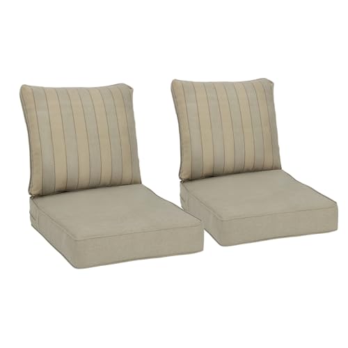 BPS 24x24 Inch Patio Seat Cushions Set of 2, Brown Striped Fade-Resistant Olefin Fabric Outdoor Deep Seat Cushion with Removable Cover and Adjustable Straps for Wicker Chairs, Sofas, Love Seats