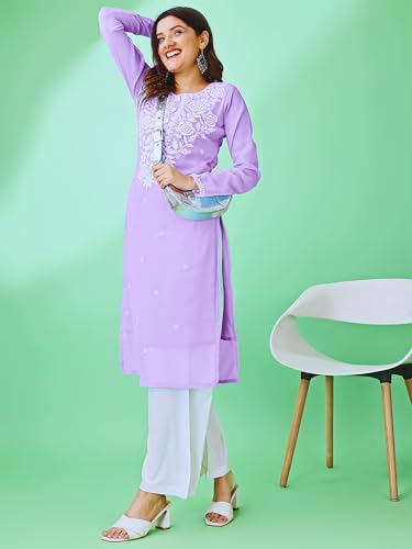 Image of HESVI Women's Georgette White Lakhnavi Chikankari Kurti with Intricate Embroidery Work