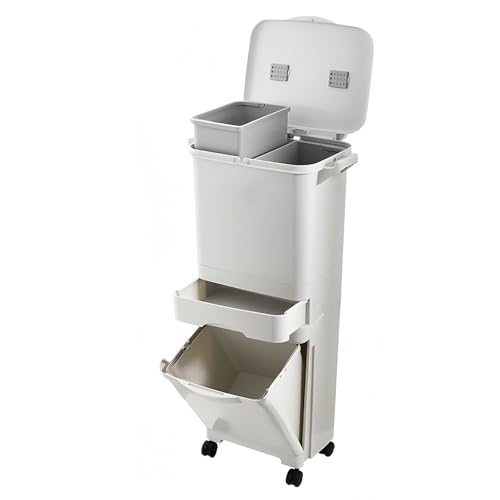 AetherTech ごみ箱 ダストボックス フタ付き 分別 キッチン 防臭 48リットル 3段 スリム キャスター付き 幅47*奥行き33*高さ91cm 大容量 ホワイト 1つの蓋