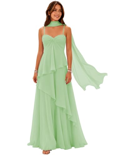 Tiered Ruffles Bridesmaid Dresses with Scarf Long Chiffon Spaghetti Straps