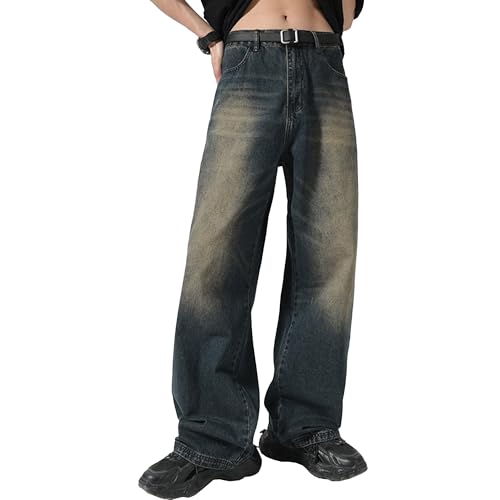 Men's Classic Wide-Leg Baggy Jeans Vintage Relaxed Fit Long Denim Pants Elastic Waist Straight Leg Jean (Medium,Retro Bluef1)