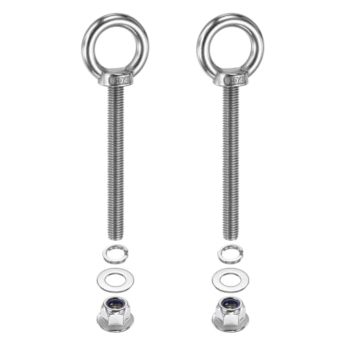 Image of PATIKIL M10 x 90mm Shoulder Eye Bolt, 2 Pcs 304 Stainless Steel Lifting Ring Threaded Eye Bolt with Flange Lock Nuts Spring and Flat Washers for Hanging Tie Down Straps Outdoor Indoor