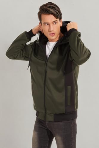 Image of YuKaiChen Men's Hooded Jacket Slim Fit Double Zipper Turtleneck Fleece Hoodie Outerwear