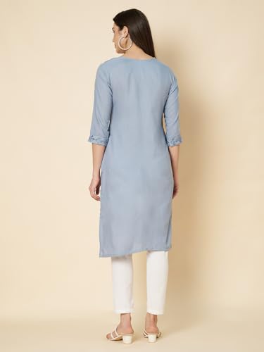 Image of Women's Chikankari-Lucknowi Embroidered Work | Knee Length | Round Neck | Cotton Fabric | Straight Kurta