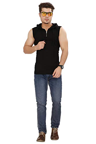 Image of Men's Solid Half Zipper Hooded Sleeveless T-Shirt
