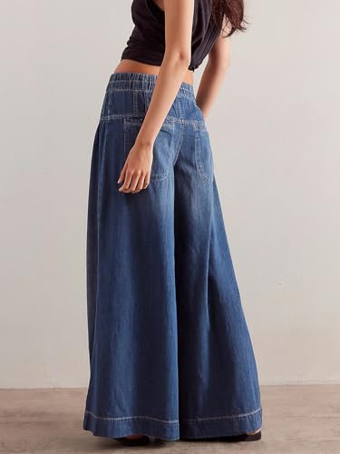 ebossy Women's Barrel Jeans Drawstring Stretchy Ruched Mid Rise Wide Leg Loose Denim Pants with Pockets2