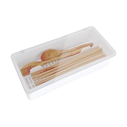 Bandeja de cubiertos con tapa, organizador de cajones PP y AS de 10.25 pulgadas, con bandeja de goteo, caja de almacenamiento de cubiertos, apilable, a prueba de polvo, de drenaje rápido, para cajones