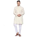 ITOS365 Men Cotton Printed Kurta Pyjama Pajama Set Party Fashion Regular Ethinic Wear Indian Dress Gift for Men White Yellow Gifts Items Small