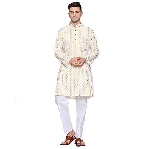 ITOS365 Men Cotton Printed Kurta Pyjama Pajama Set Party Fashion Regular Ethinic Wear Indian Dress Gift for Men White Yellow Gifts Items Small