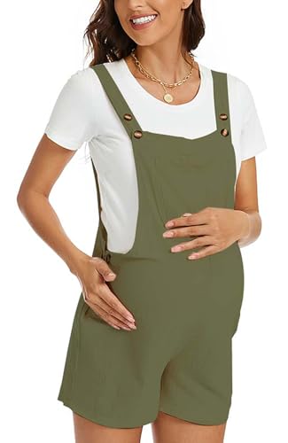 Damen Schwanger Mutterschaft Latzhose Kurz Overalls Sommer Träger Jumpsuit Baggy Playsuit mit Tasche Armeegrün L