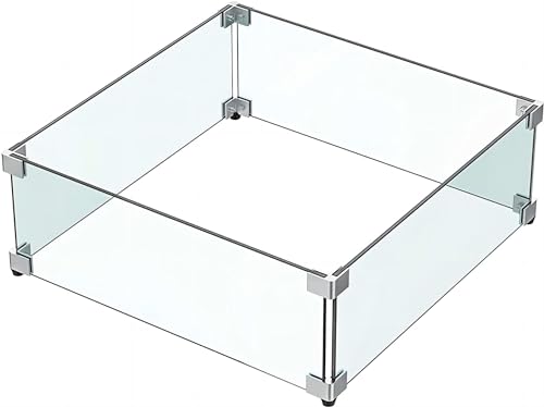 MESIDA 38 x 38 x 15 cm Feuerstelle, Glas-Windschutz, gehärtetes Glas, Feuerstelle, Tischschild, dick und stabil, mit Harter Aluminium-Eckhalterung und Gummifüßen