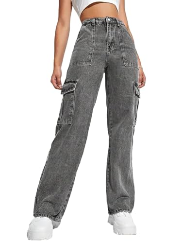 Image of Glossia Fashion High Waist Cargo Denim Jeans for Women Wide Leg Stretchable Straight Fit Jeans(WJ1-1215-$)