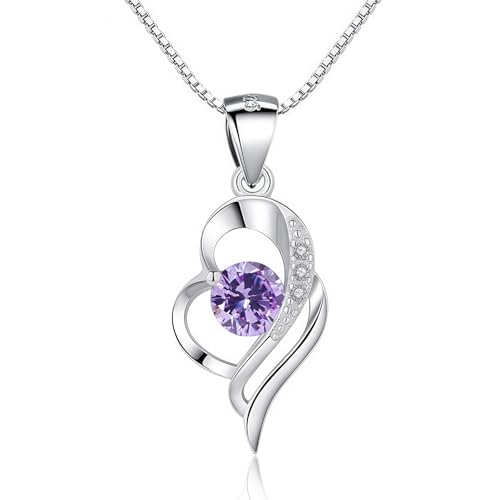 Kamise Necklace Chain, 925 Sterling Silver Necklace with Purple Zirconia, Silver Chains mit Heart Teardrop Pendant,45cm Hypoallergenic Womens Necklaces, Love Jewellery for Mother's Day with Gift Box