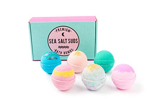 Sea Salt Suds Assorted Bath Bomb Set of 6 â€“ Large, 5.5 Oz. Organic Bath Bomb Pack for Women, Men, & Kids with Essential Oils, Vitamin E, Shea Butter â€“ Paraben- & Cruelty-Free, Non-Staining Fizzies