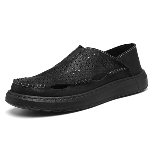 Men’s Leather Slip-On Loafers Breathable Perforated Dress Casual Shoes with Lightweight Cushioned Sole