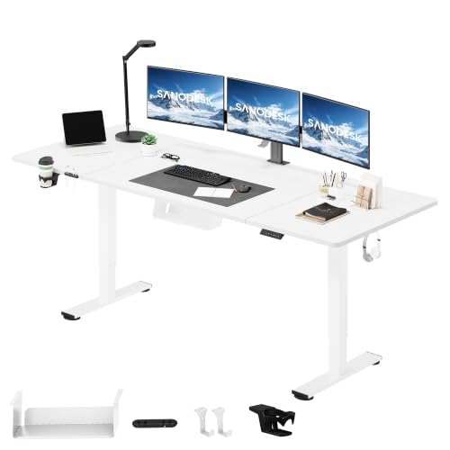 SANODESK Höhenverstellbarer Schreibtisch 200×80 cm – XXL Standing Desk mit 70 kg Tragkraft, Anti-Kollisions-Schutz & vielseitigem Zubehör, ideal für Teamarbeit oder Studio(Weiß)