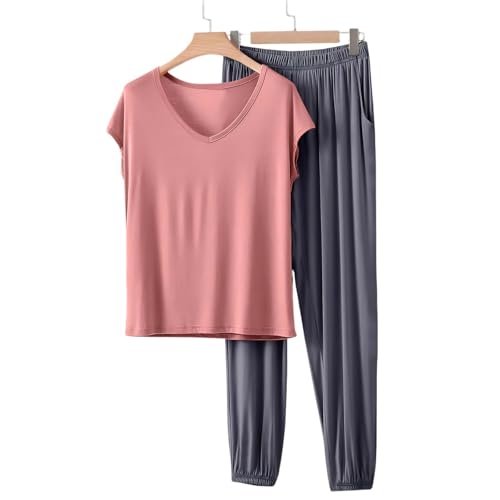 Image of HGps8w Women's Modal Soft Summer Pajamas Sets, Loose V Neck Short Sleeve Top Joggers Pants Matching 2 Piece Lounge Outfits
