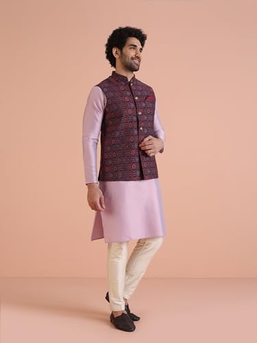 Kisah Men's Kurta Jacket Trouser Set, Multi Cotton Blend, Mandarin Collar Woven Design Regular Fit Long Sleeves (M)