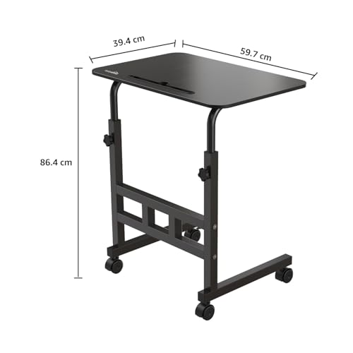 Image of Amazon Basics Adjustable Height Wooden Table with Wheels | Portable Multipurpose Table | Smooth Rolling Wheels | Perfect Posture Adjustment | Trolly Laptop Table (Black)
