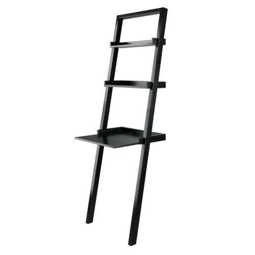 Furnifact Black Leaning Ladder Desk with Shelves Wall Desk Computer Table in Solid and Composite Wood for Compact Home Office and Study Spaces