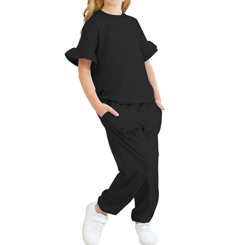 Jimonda Kids Girls Outfits Ruffle Sleeve T-Shirt and Pants Set with Side Pockets Clothing Set 2 Piece 4-13 Years Old