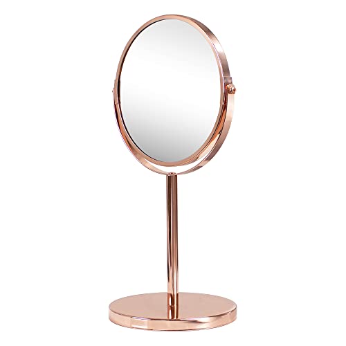 Nadi Collection | Espejo Aumento Maquillaje baño | Metal | Sobremesa | Redondo | Dos Caras Aumento 5X y 1X | para Maquillaje, Afeitado o depilar Cejas | Sin luz | 34.5 x 18.5cm (Cobre/Rosa Brillo)
