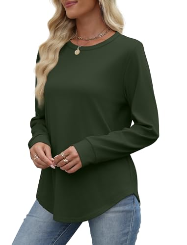 Image of WIHOLL Sweatshirt for Women Crewneck Long Sleeve Shirts Curved Hem Lightweight Sweaters Fall Clothes 2025