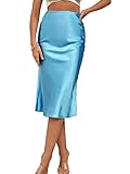 LYANER Women's Satin Silk High Waist Side Zipper Up Ruffle Hem Flared Midi Skirt Blue Medium