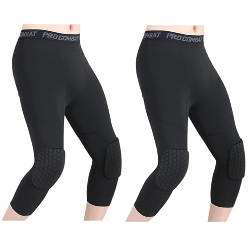 HULG Pantalones De Baloncesto con Rodilleras, Pantalones De Baloncesto para Hombre con Rodilleras 3/4 Capri Medias De Compresión Acolchadas Leggings Sports Protector Gear (Black,S)