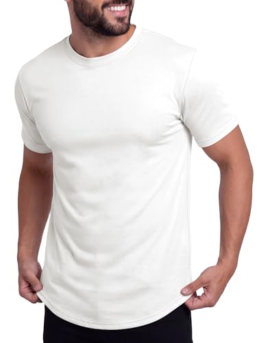 Crastimo Men's T-Shirt Short Sleeve Curved Hem Slim Fit Soft Light Fabric Moisture Wicking Plain Crew Neck Outdoor Daily Basic Shirts Unisex White L