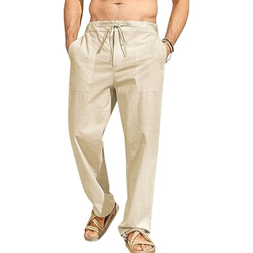 Men’s White Linen Pants Elastic Waist Drawstring Loose Fit Summer Beach Casual Trousers3