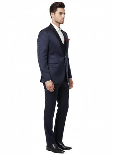 Image of Men's Navy Blue Jacquard Tuxedo Suit with Black Shawl Lapel, 3-Piece Formal Wedding Ensemble, Red Pocket Square