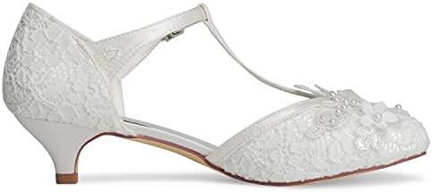 JIAJIA 01143 Women's Bridal Shoes Closed Toe T-Strap 1.8'' Low Heel Lace Satin Pumps Flowers Imitation Wedding Shoes Colour Ivory,Size 10.5 B(M) US/42 EU | Image 4
