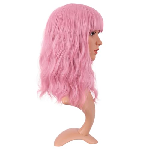 Image of MapofBeauty 14 Inch /35 cm Short Wavy Curly Women Fresh Bright Synthetic Ordinary Flat Bangs Bob Wig (Light Pink)