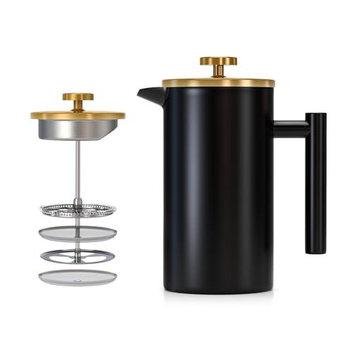 Enfmay Cafetière 350 ml rostfritt stål fransk press kaffebryggare, 1-3 kopp 3 nivåfilter dubbelväggig isolerad fransk presskaffettiere för hem och kontor kaffekanna, inklusive 1 ersättningsfilter