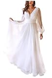 ZOOYYUE Brautkleid Standesamt,Damen Boho Beach Brautkleider Langarm Spitze Braut Hochzeitskleider Chiffon V-Ausschnitt Standesamt Brautkleid Weiß 48
