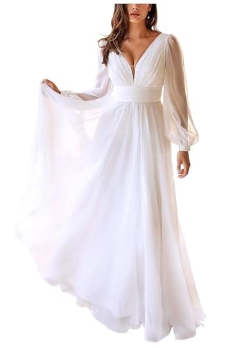 ZOOYYUE Brautkleid Standesamt,Damen Boho Beach Brautkleider Langarm Spitze Braut Hochzeitskleider Chiffon V-Ausschnitt Standesamt Brautkleid Weiß 48