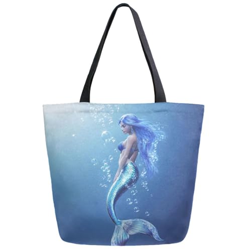 Ocean Realistic Mermaid Extra Large Canvas Gym Shoulder Tote, Reusable Daily Durable Top Handle Bag for Mens Womens Yoga Weekender Picnic Beach Travel Market Shopping
